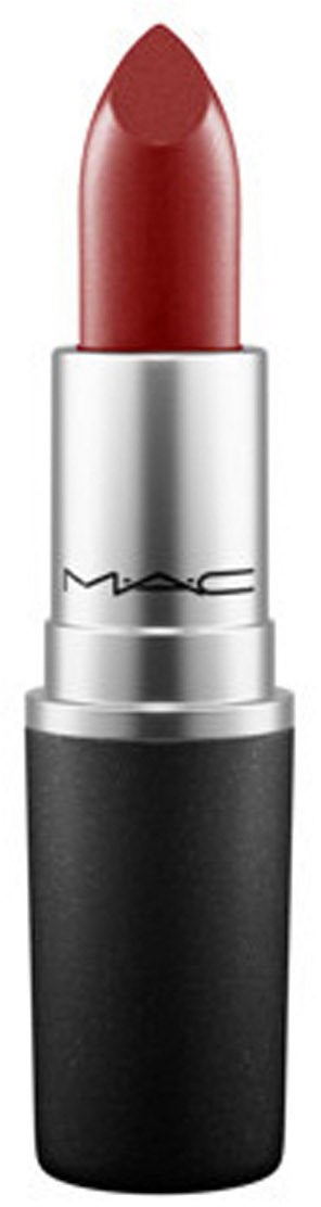 Ein roter Lippenstift im Silber- und Schwarzzubehör, steht aufrecht.
