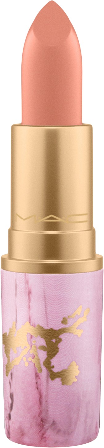 Ein Lippenstift in Beigeton mit pinkem und goldfarbenem Gehäuse.