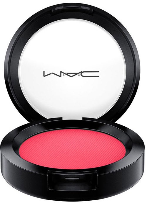 A round black makeup compact with bright pink blush inside and MAC logo on the mirror.