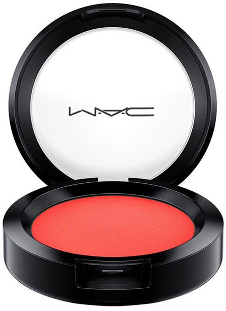 A compact black makeup case with red blush inside and a clear lid with the MAC logo.