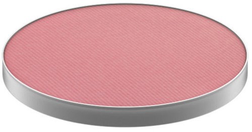 A round pink makeup powder or blush compact with a silver edge.
