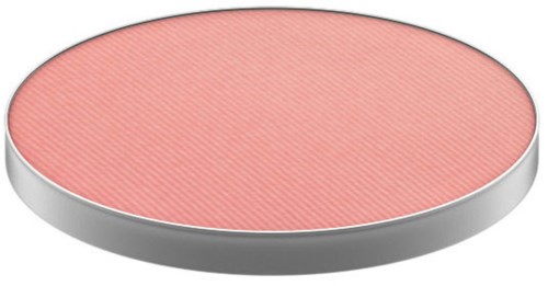 A round, flat blush compact with pink makeup and a silver edge.