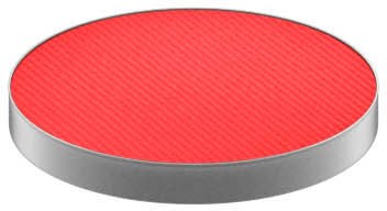 A round, red button with a silver edge.