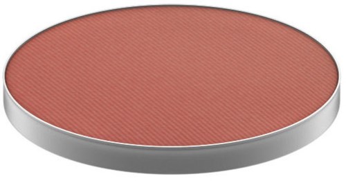 Round makeup blush compact with a reddish-orange color inside and a silver case.