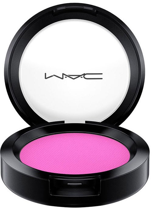 Pink blush in a compact case with a mirror, labeled MAC. Compact, round, and open for use.