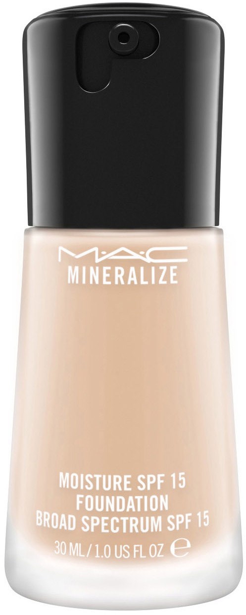 En foundationsflaska med svart pump, märkt MAC Mineralize Moisture SPF 15, 30 ml storlek, i beige nyans.