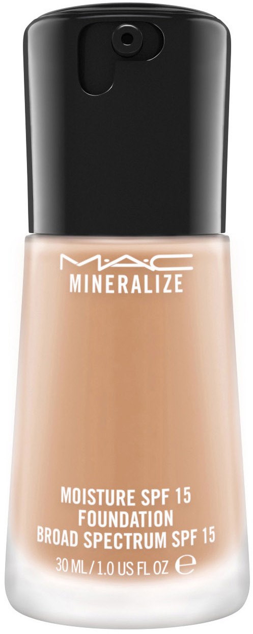 En beige foundationflaska med svart lock, märkt MAC Mineralize Moisture SPF 15, 30 ml.