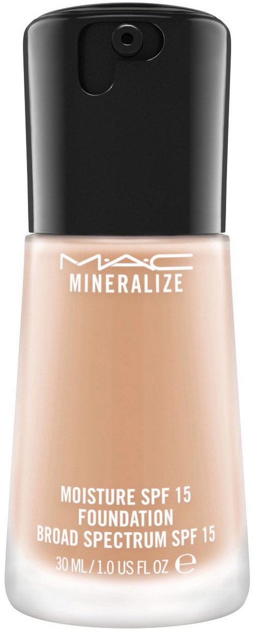 En flaska med MAC Mineralize foundation med SPF 15, svart lock och beige vätska inuti.