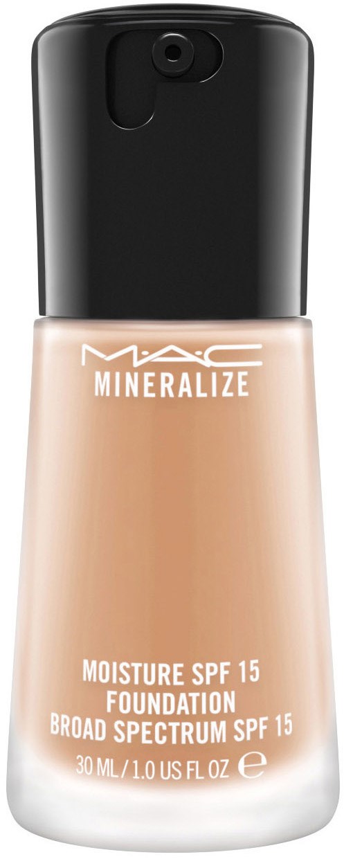 En flaska MAC Mineralize foundation med SPF 15, beige färg, svart lock och vit text på framsidan.