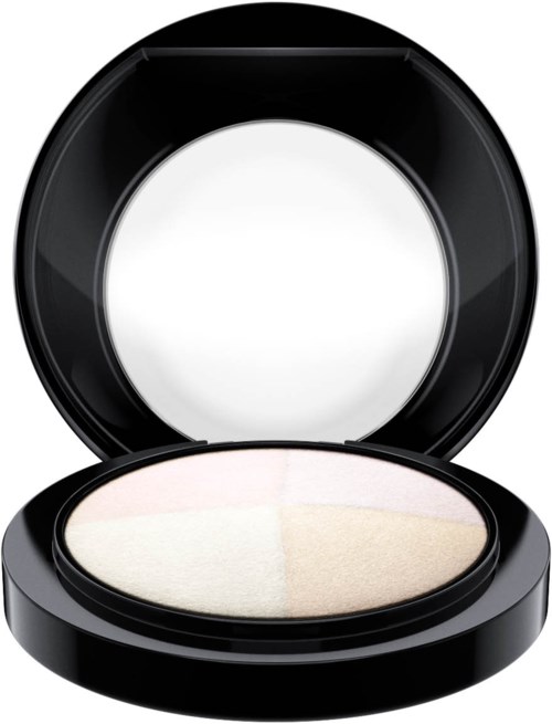 A black circular compact with a mirror inside and four shades of powder for makeup.