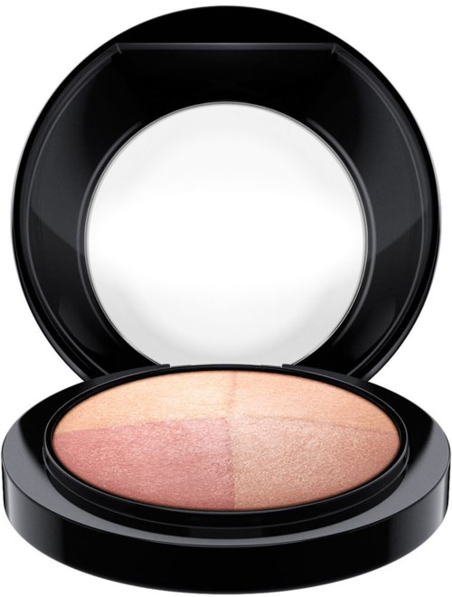 A compact with two shades of blush inside a black case and a mirror, open to show the makeup.