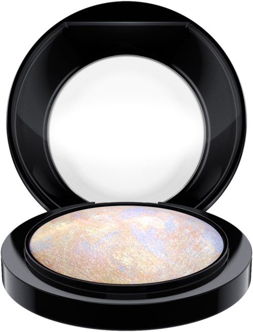 A makeup compact with a black case and shimmering eyeshadow inside.
