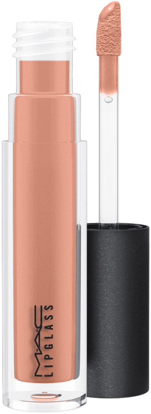 En beige flytende leppestift fra MAC, med applikatoren fjernet og hvilende på lokket.