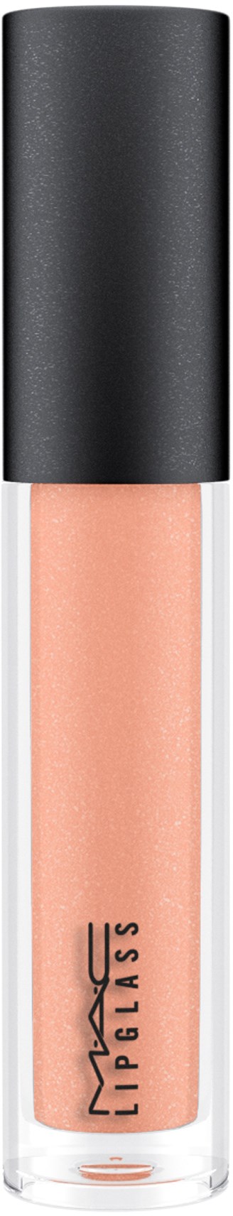 En tube med MAC Lipglass med svart lokk og ferskenfarget gloss inni.