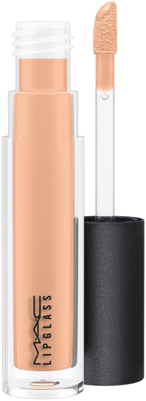 En beige flytende concealer-rør med påført applikator som viser en kremete tekstur, merket MAC IMPRESS. Gjennomsiktig beholder og svart lokk.