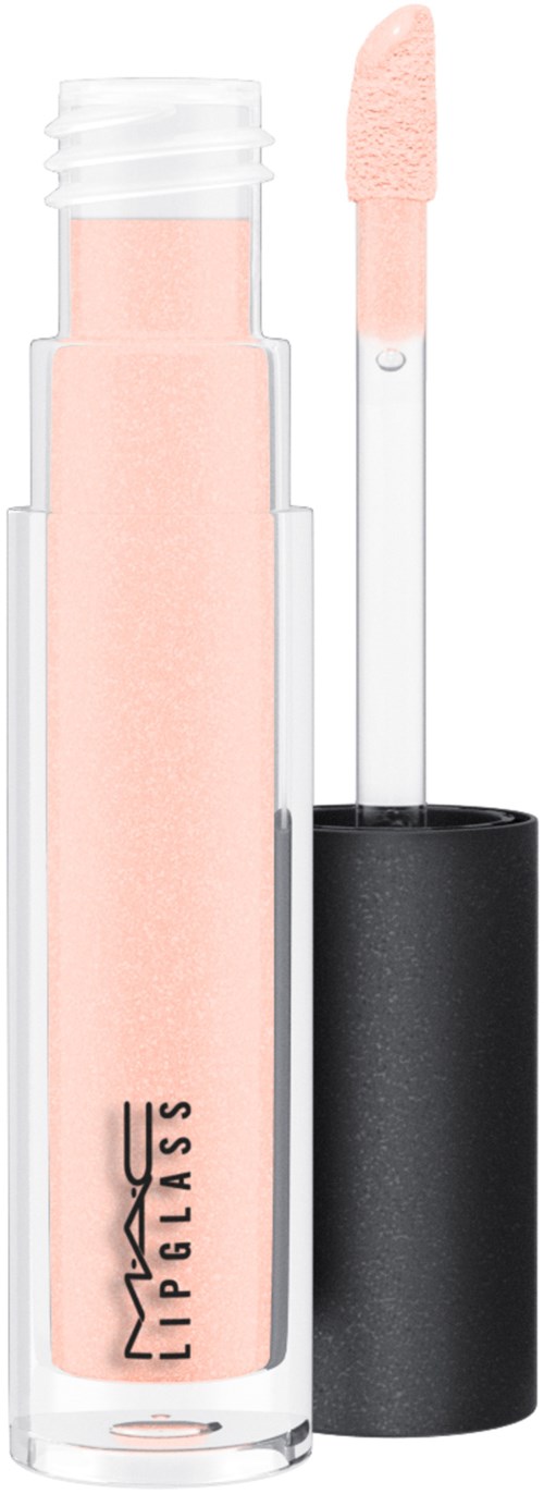 En MAC leppglansrør med lyserosa gloss og svart lokk, viser applikatoren og merkets logo.