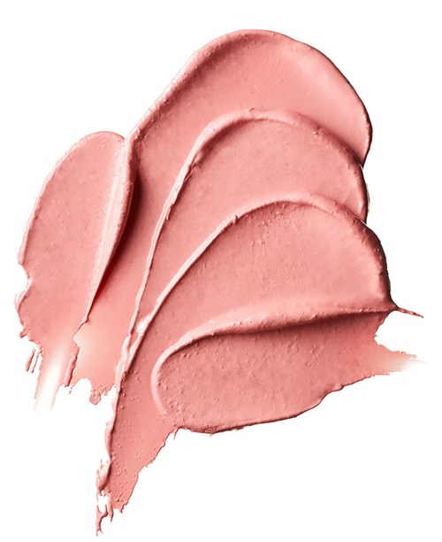 Fem strykningar av rosa hudfärgad makeup eller kräm i ett fanformat mönster.