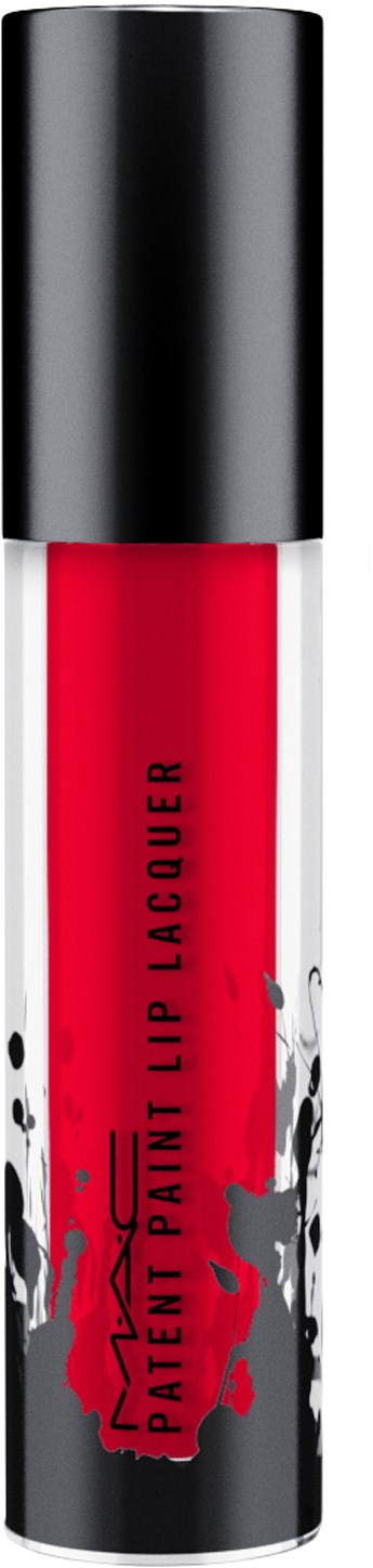 A red lipstick with black and white packaging, featuring a black cap and a logo of a red animal silhouette.
