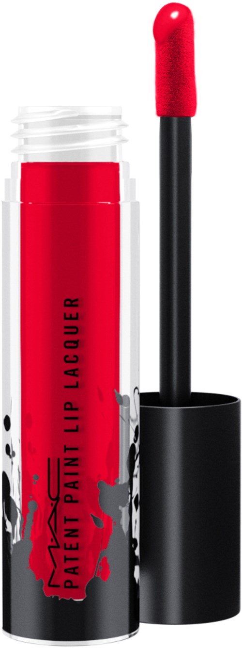 A red lip gloss tube with black accents and a wand applicator. The tube has text and a graphic design.