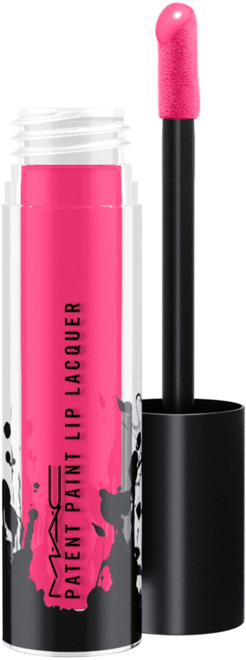A pink lip gloss with a black cap and a brush applicator.