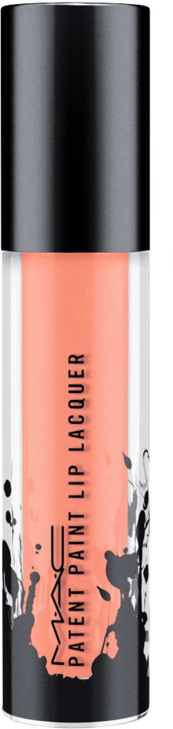 Lip gloss tube with black cap, pink gloss inside, and splatter design on the container.