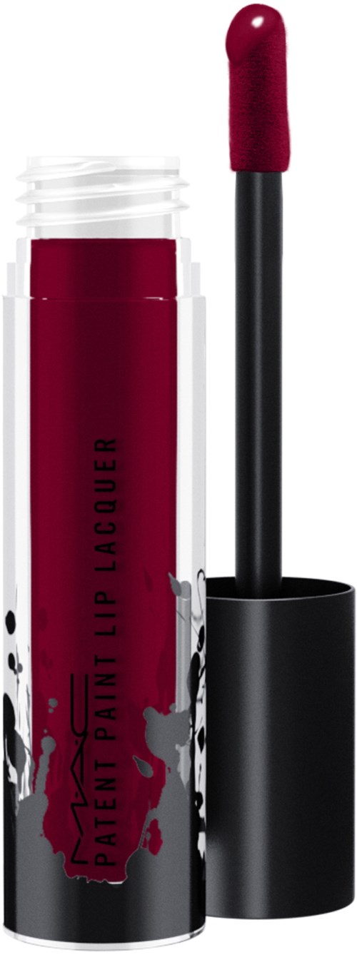A red lip gloss in a black tube with a wand applicator. The tube has black and red text and splash designs.