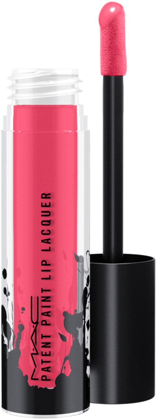 Pink lip gloss with a black cap and an integrated applicator wand.