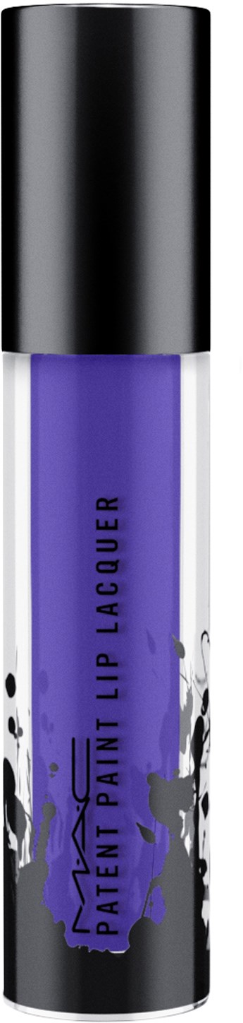 A purple lip lacquer in a tall, black and clear bottle with a silver cap.