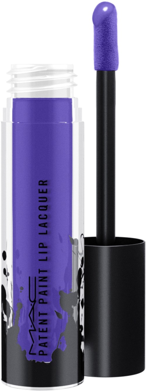 A purple lip gloss in a black container with a visible applicator brush.