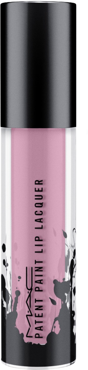Pink lip gloss in a clear tube with black and pink splashes design and a black cap.