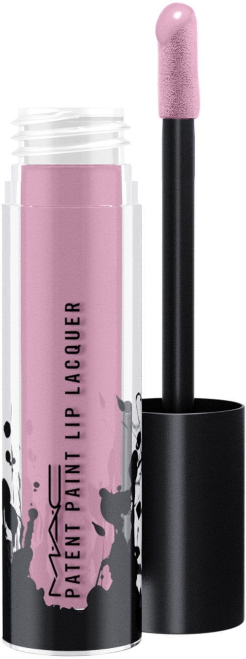 A pink lip gloss tube with black splatter design and black cap, with a doe-foot applicator.