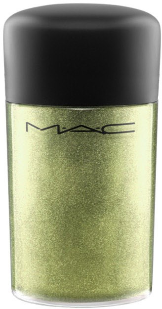 Grön glitterögonskugga i en liten behållare med svart lock, märkt MAC.