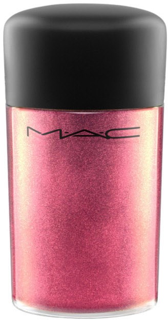 A pink glittery cosmetic product in a clear bottle with a black cap, labeled MAC.