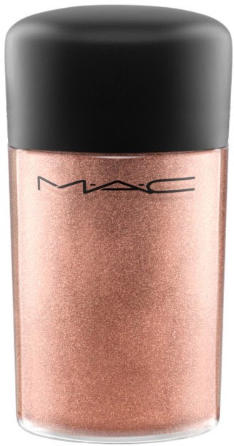En flaska av MAC-glittermålning, med svart lock och glänsande roséguld vätska inuti.