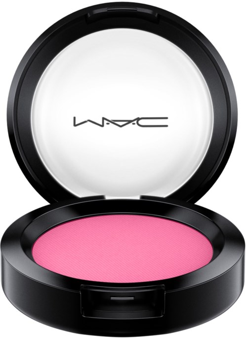 A round black makeup compact with pink blush inside and a mirror on the lid. MAC logo is on the mirror.