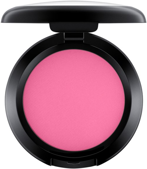 A round pink makeup blush inside a black compact with a lid.