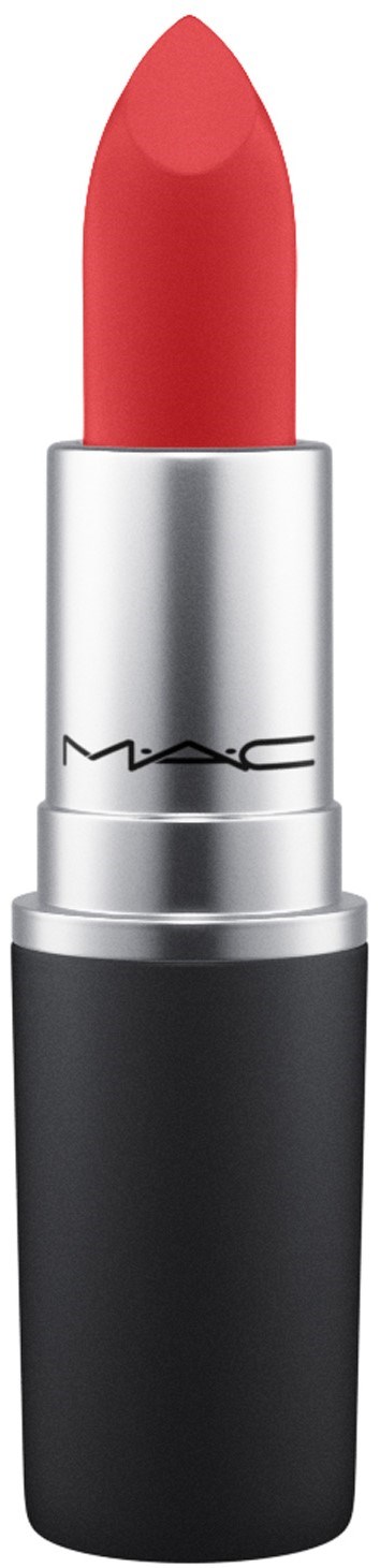 Ett rött läppstift i ett svart och silverrör från MAC Cosmetics.