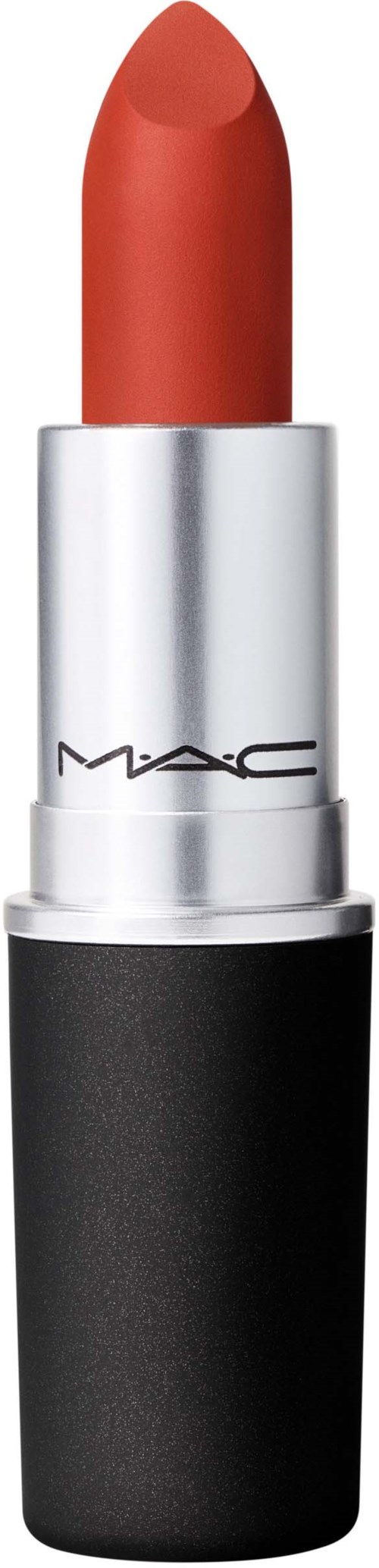 A lipstick tube with a coral-colored lipstick inside, black and silver casing, and the MAC logo on the silver part.