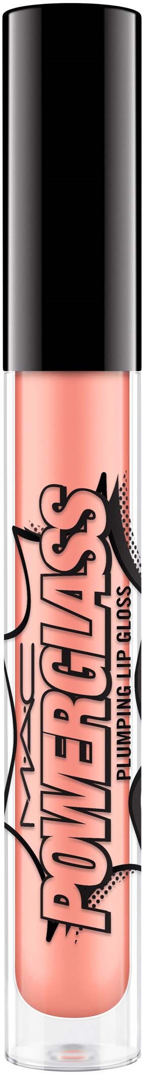 Glossy black cap, clear tube with pink lip gloss, 'PowerGloss' brand label with a comic-style design.