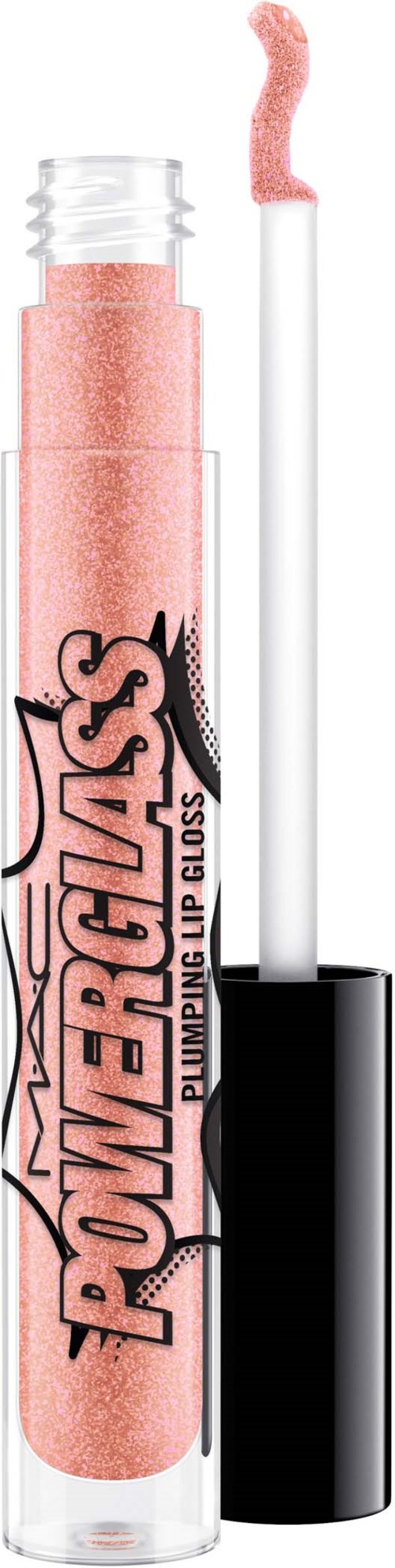 Pink lip gloss with a black and pink Powerglass logo, with the applicator wand beside it.