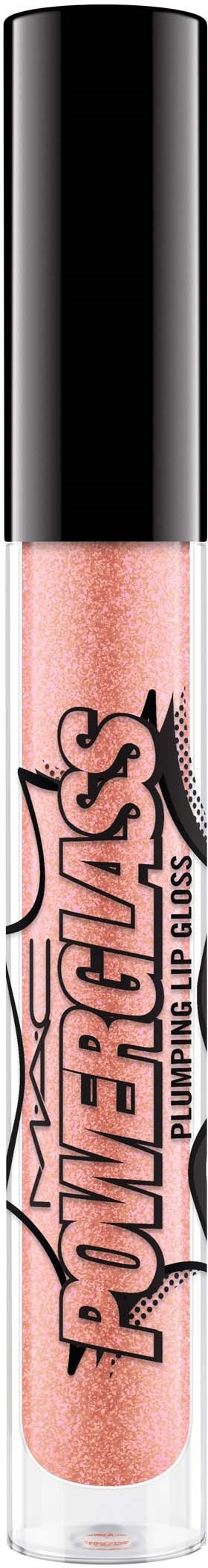 Lip gloss tube with a black lid, pink glittery gloss inside, themed 'Power Blush' and pumpkin scent.