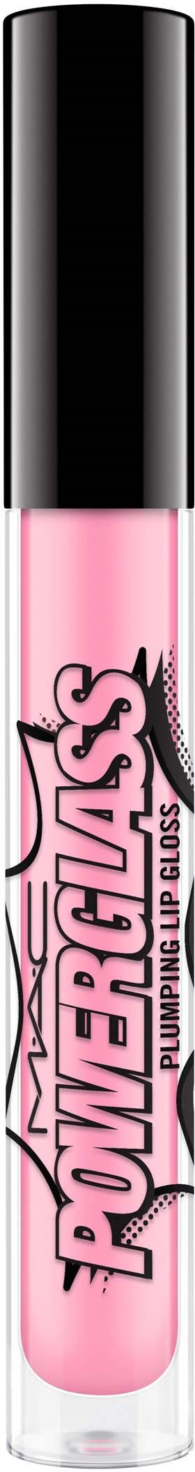 A pink lip gloss tube with a black cap, titled 'Powergloss' and featuring a logo of a girl's face.