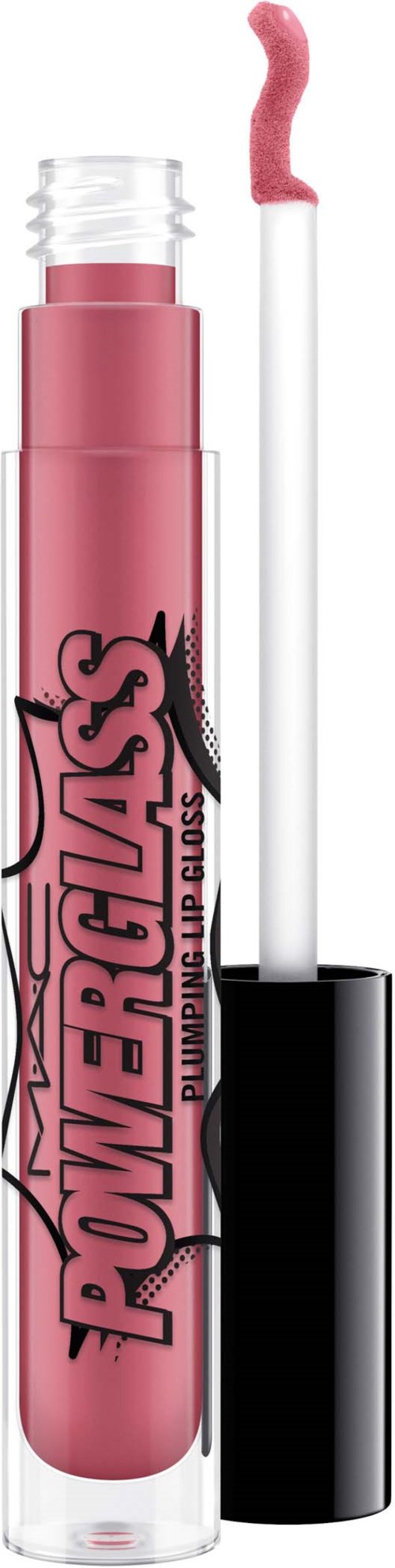 A pink liquid lipstick with a black and pink Powerpuff Girls logo on the tube. The wand is out with pink gloss.