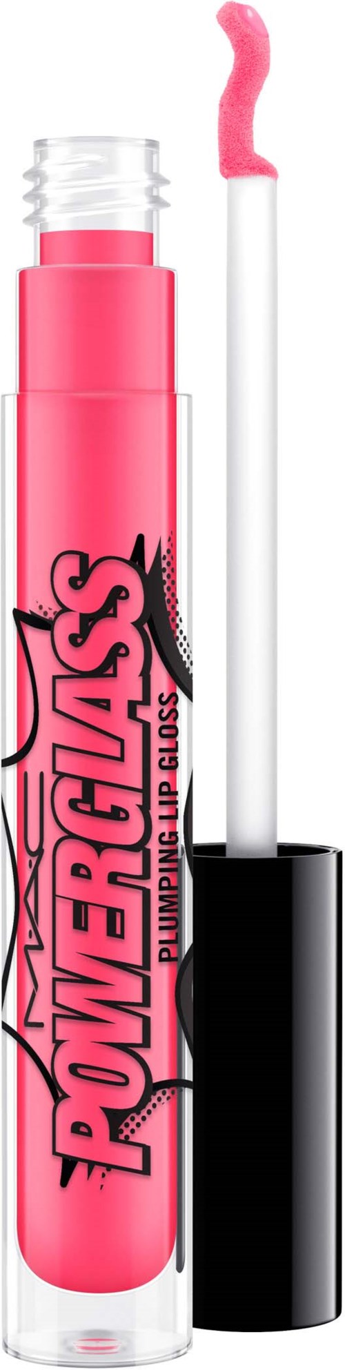 A pink lip gloss tube with a wand applicator and bold black and pink text reading "Power Glass."