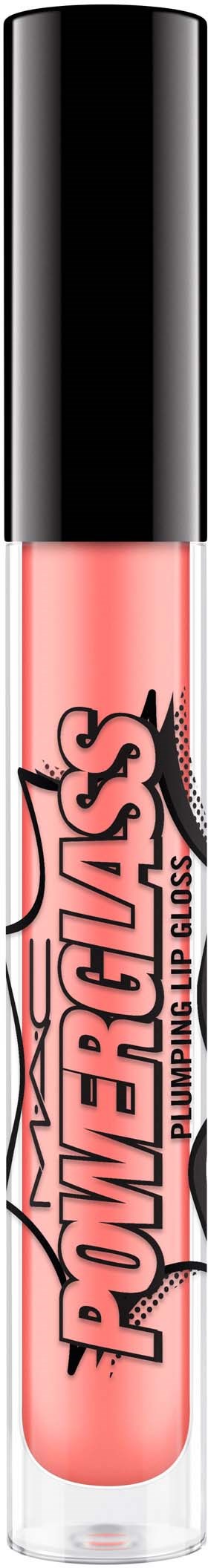 A lip gloss tube with a black cap and pink gloss inside, labeled "Powerglass."