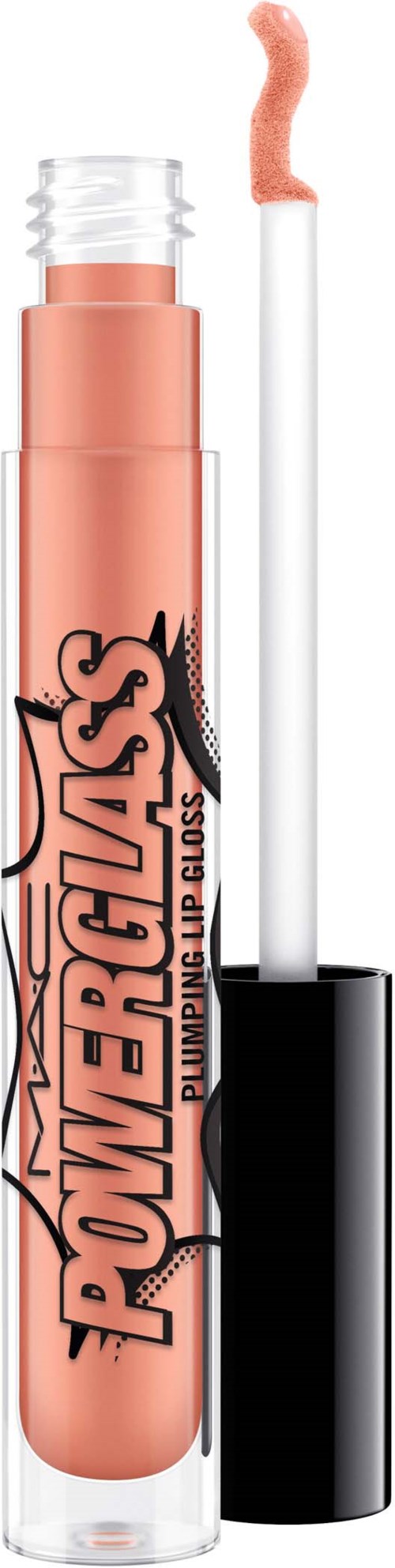 Lip gloss tube labeled PowerGlass with an applicator showing pink gloss inside.