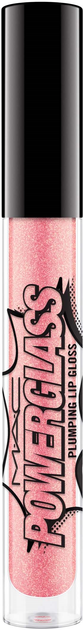 A pink lip gloss tube with a black cap, featuring the words "Power Gloss" and a playful logo.