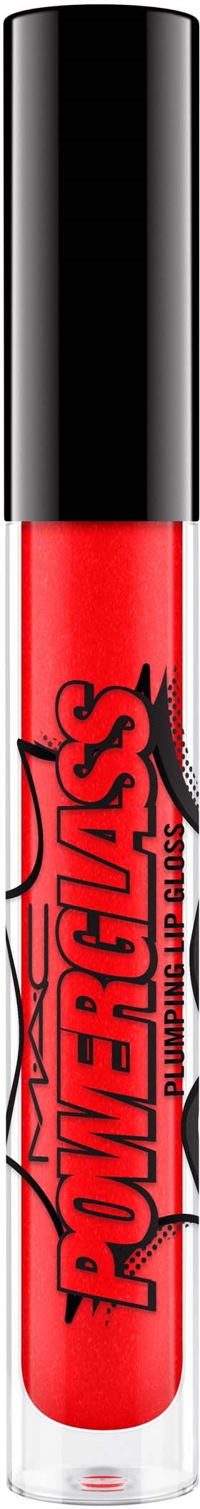 A lip gloss tube with a red liquid and a black cap, featuring the words "Power Gloss" on it.