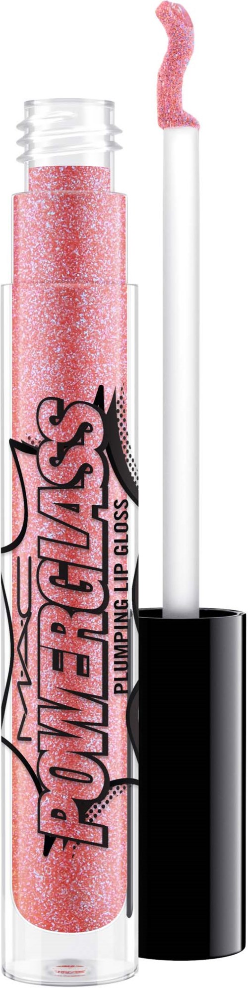 Pink lip gloss with glitter in a clear tube, black cap, and white wand applicator.
