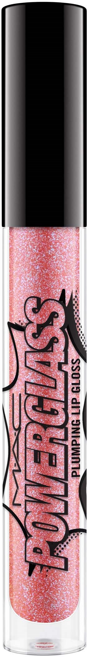 A pink lip gloss with black cap and 'POWERS' written on it, with a glossy shine and glitter inside.